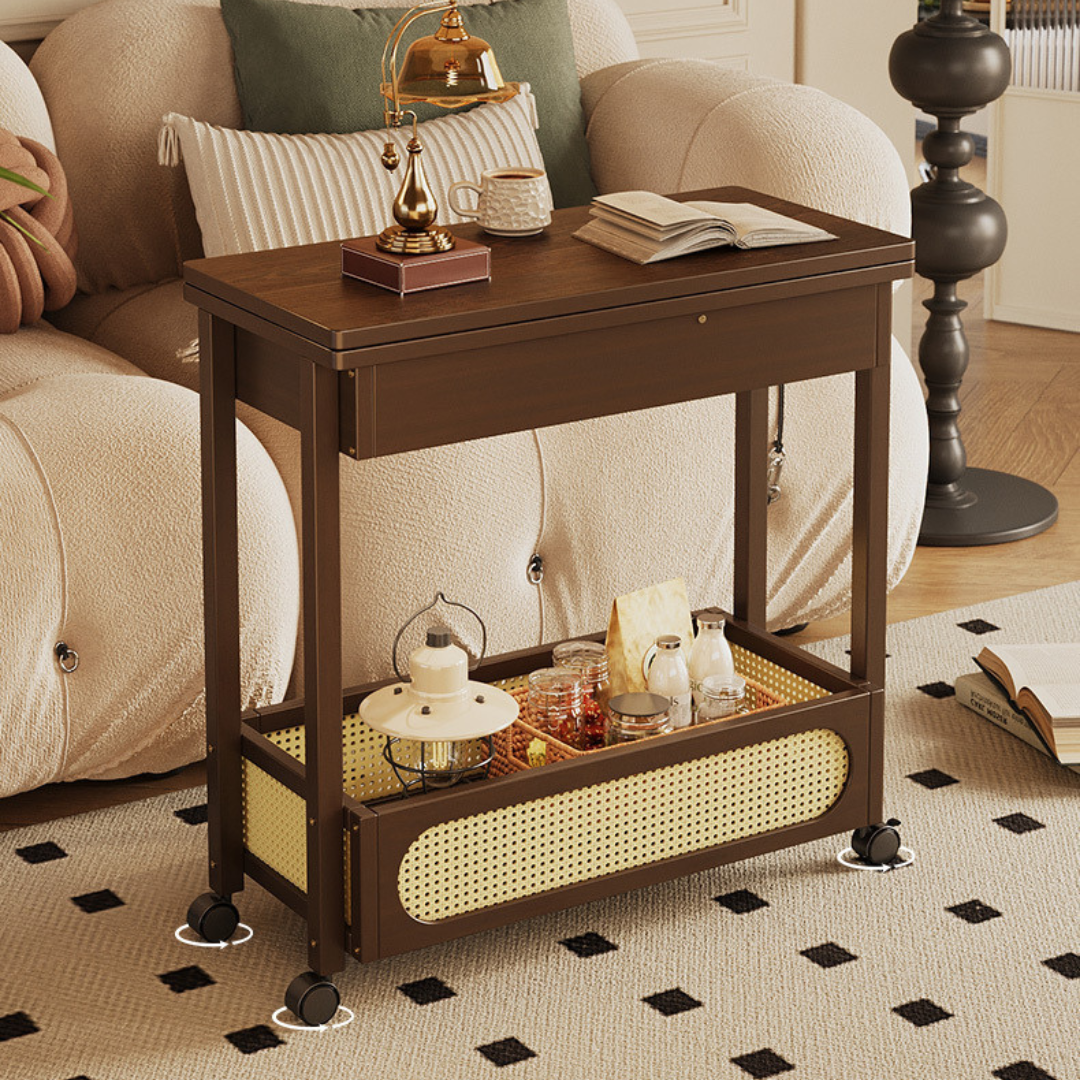 Smart Expandable Design Multi Use Hidden Storage Portable Table with 360° Locked Wheels