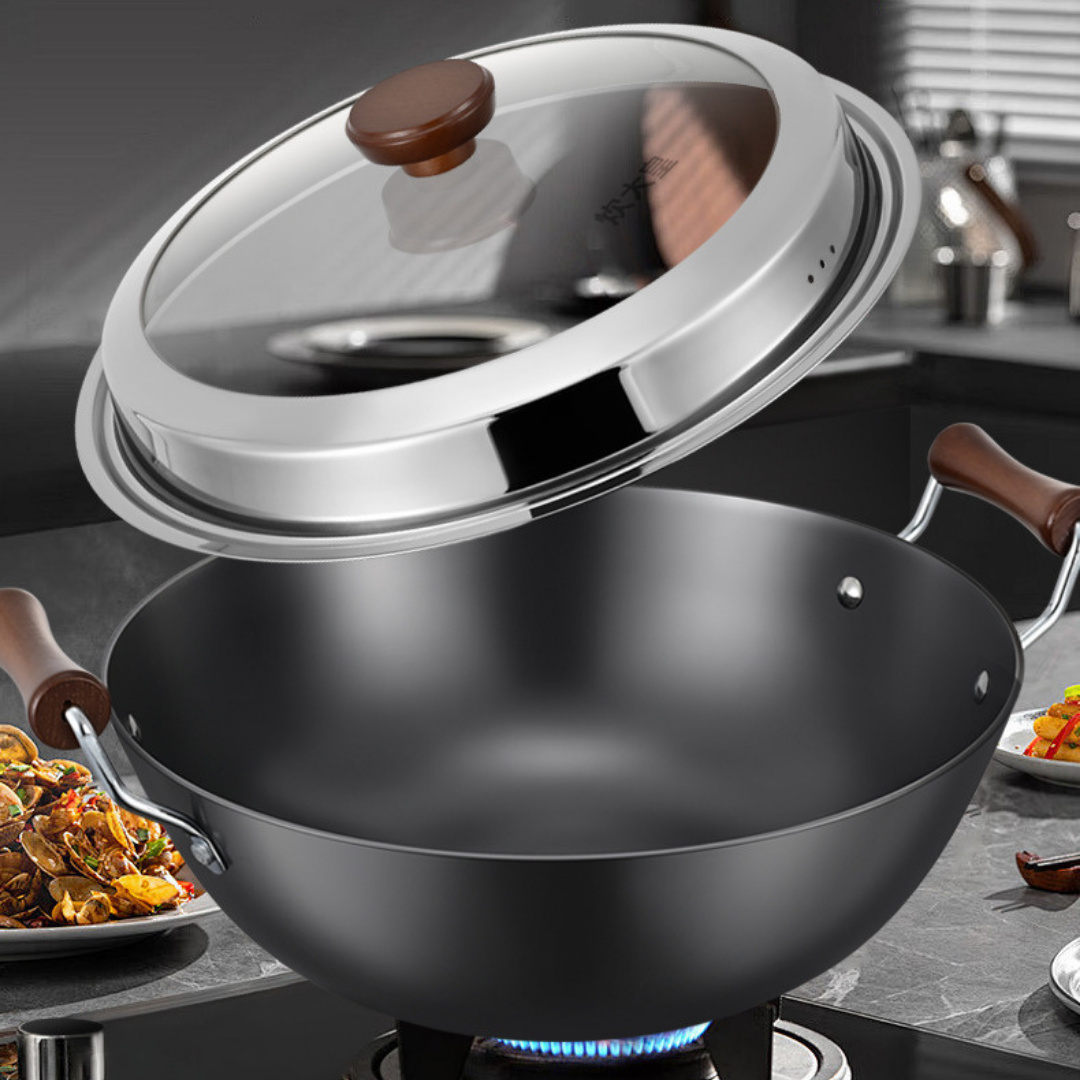 HOMERO Multi-Purpose Cast Iron Large Capacity Deep Kadai with Wooden Handle