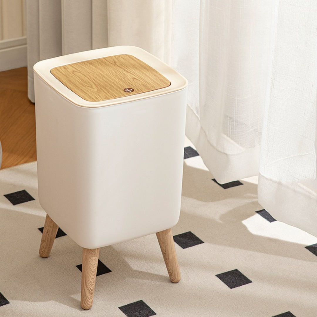 Homero Modern Square Trash Bin with Lid and Wooden Legs