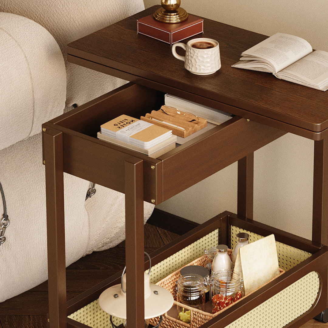 Smart Expandable Design Multi Use Hidden Storage Portable Table with 360° Locked Wheels