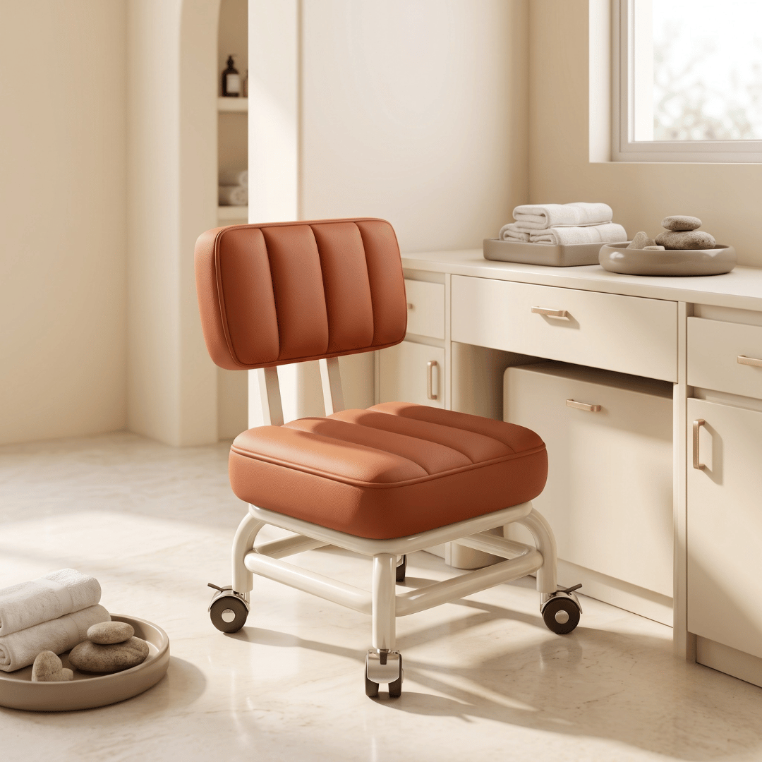 PU Leather Back Support Rolling Stool with 360° Swivel Wheels