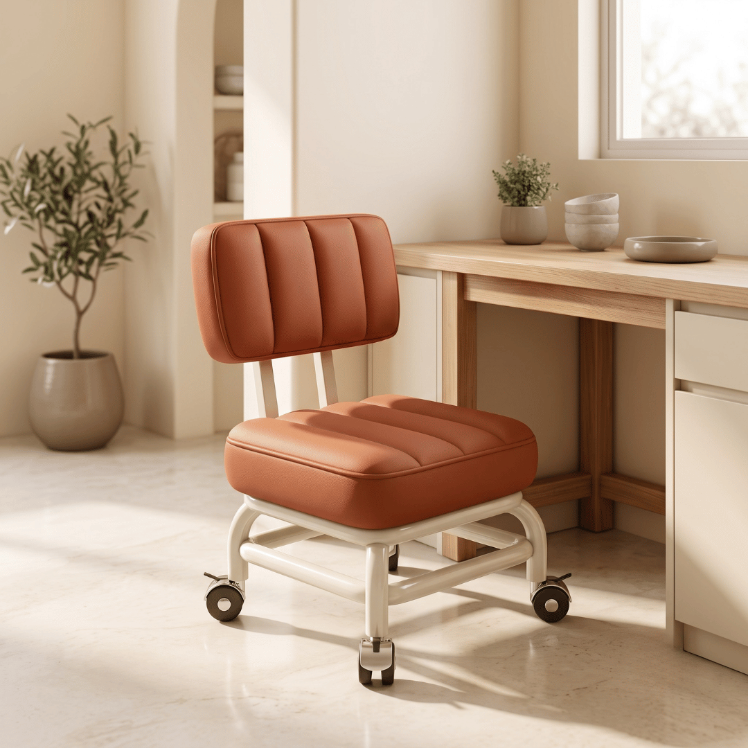 PU Leather Back Support Rolling Stool with 360° Swivel Wheels