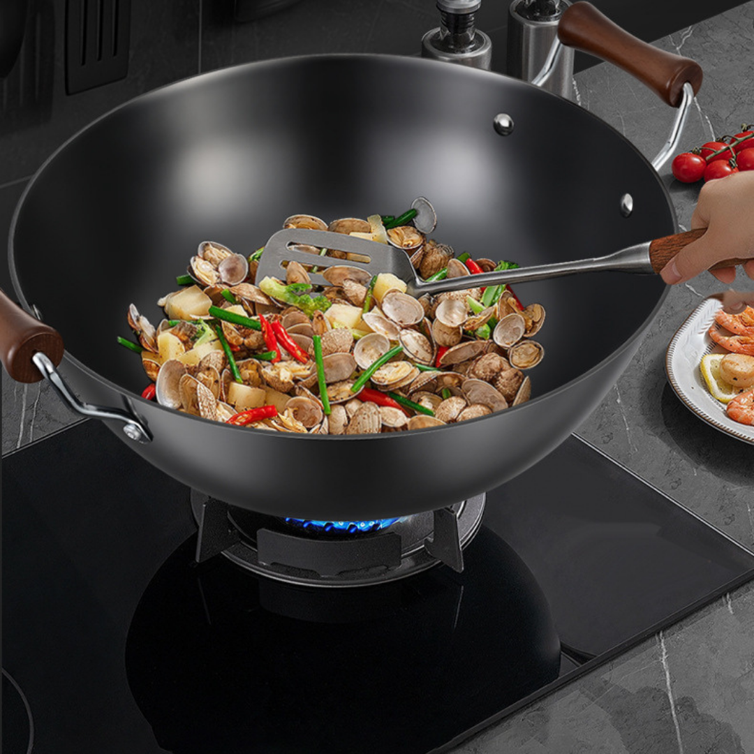 HOMERO Multi-Purpose Cast Iron Large Capacity Deep Kadai with Wooden Handle