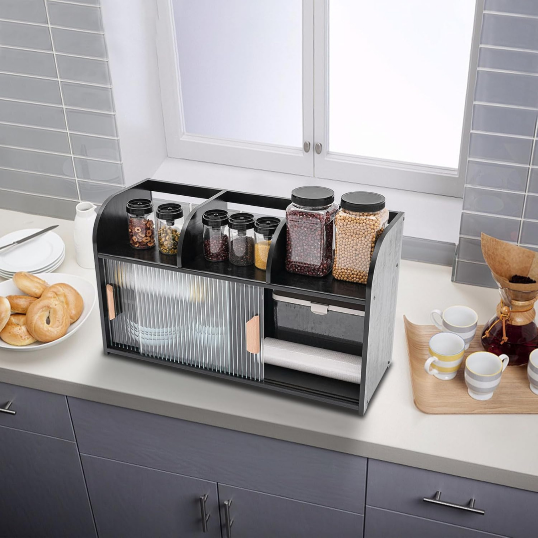 Modern Glass Bamboo Countertop Storage Cabinet with Sliding Doors