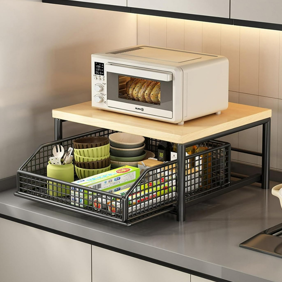 HOMERO Elegant Rolling Kitchen Microwave Cart with Wooden Shelf and Bottom Storage Basket