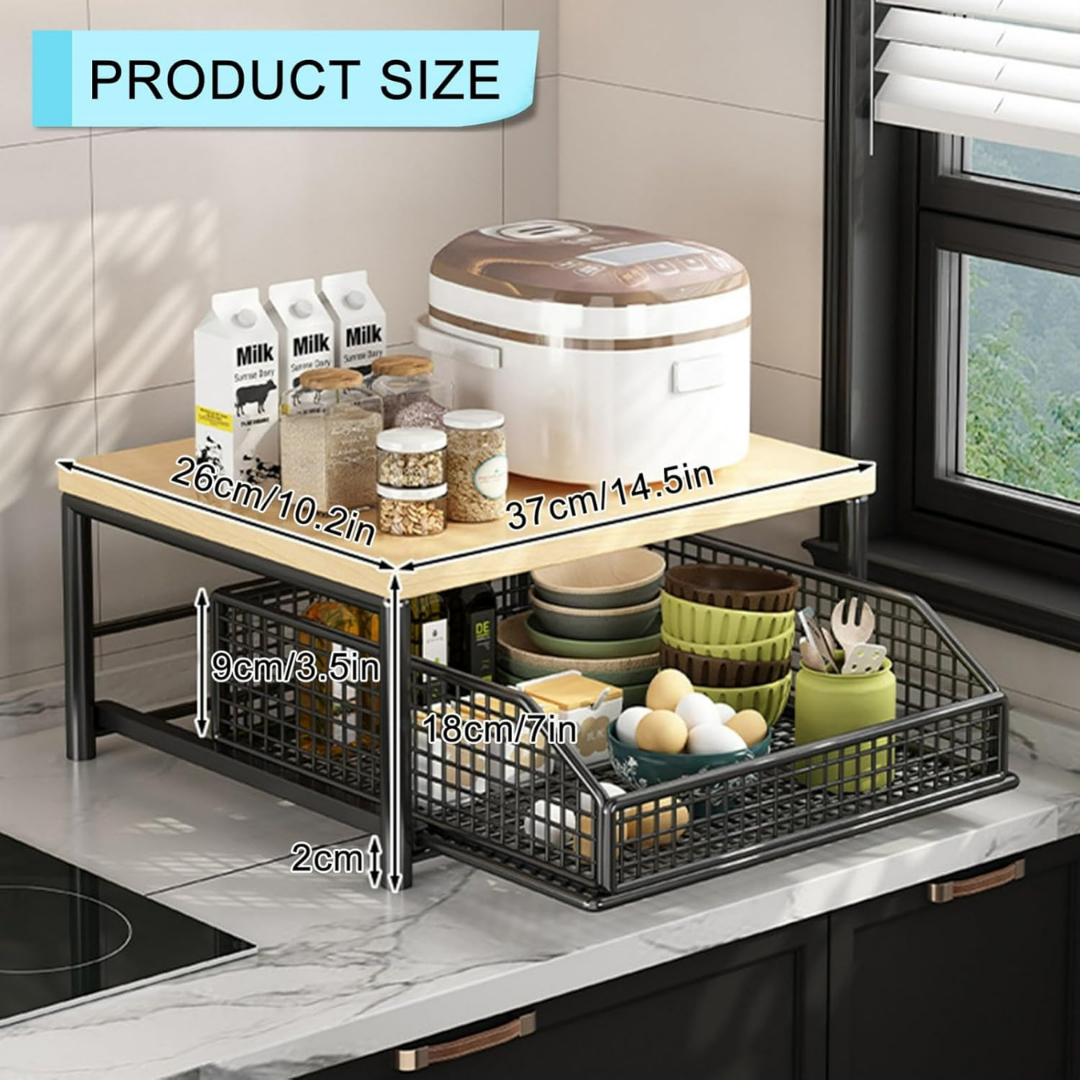 HOMERO Elegant Rolling Kitchen Microwave Cart with Wooden Shelf and Bottom Storage Basket