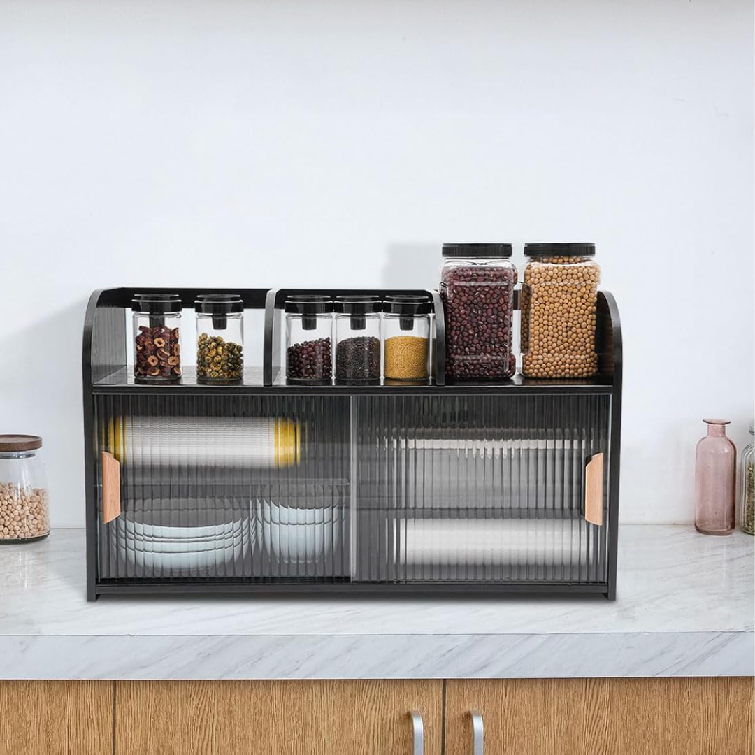 Modern Glass Bamboo Countertop Storage Cabinet with Sliding Doors