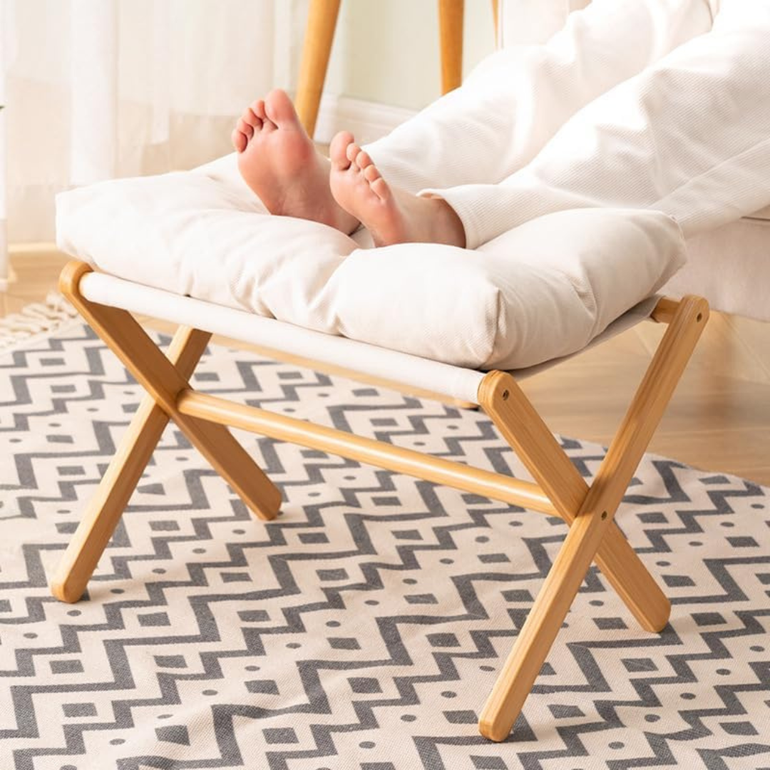 Wooden Bamboo Ottoman Foldable Stool with Removable Cushion