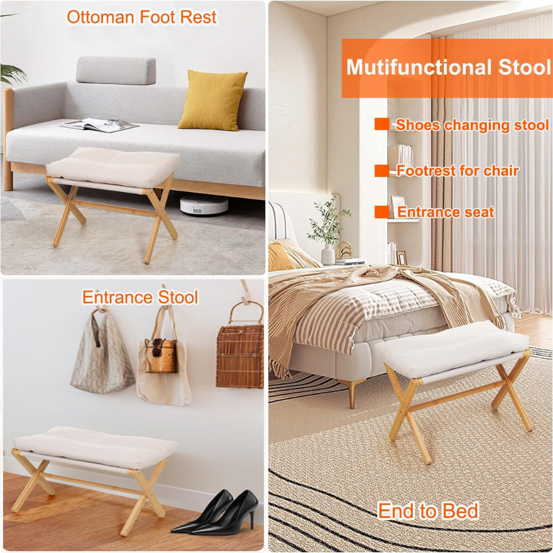 Wooden Bamboo Ottoman Foldable Stool with Removable Cushion