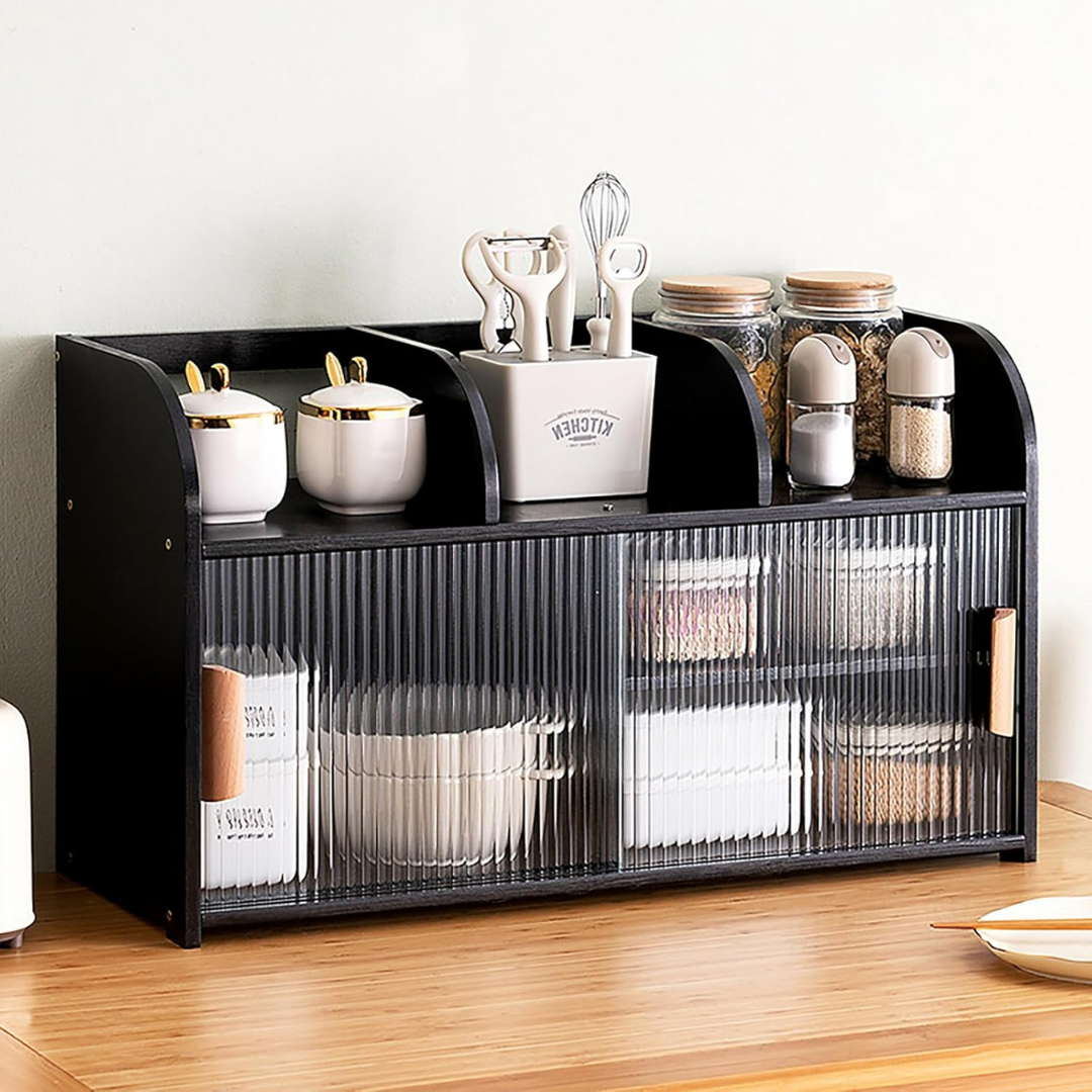 Modern Glass Bamboo Countertop Storage Cabinet with Sliding Doors