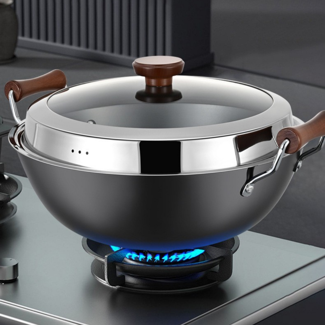 HOMERO Multi-Purpose Cast Iron Large Capacity Deep Kadai with Wooden Handle