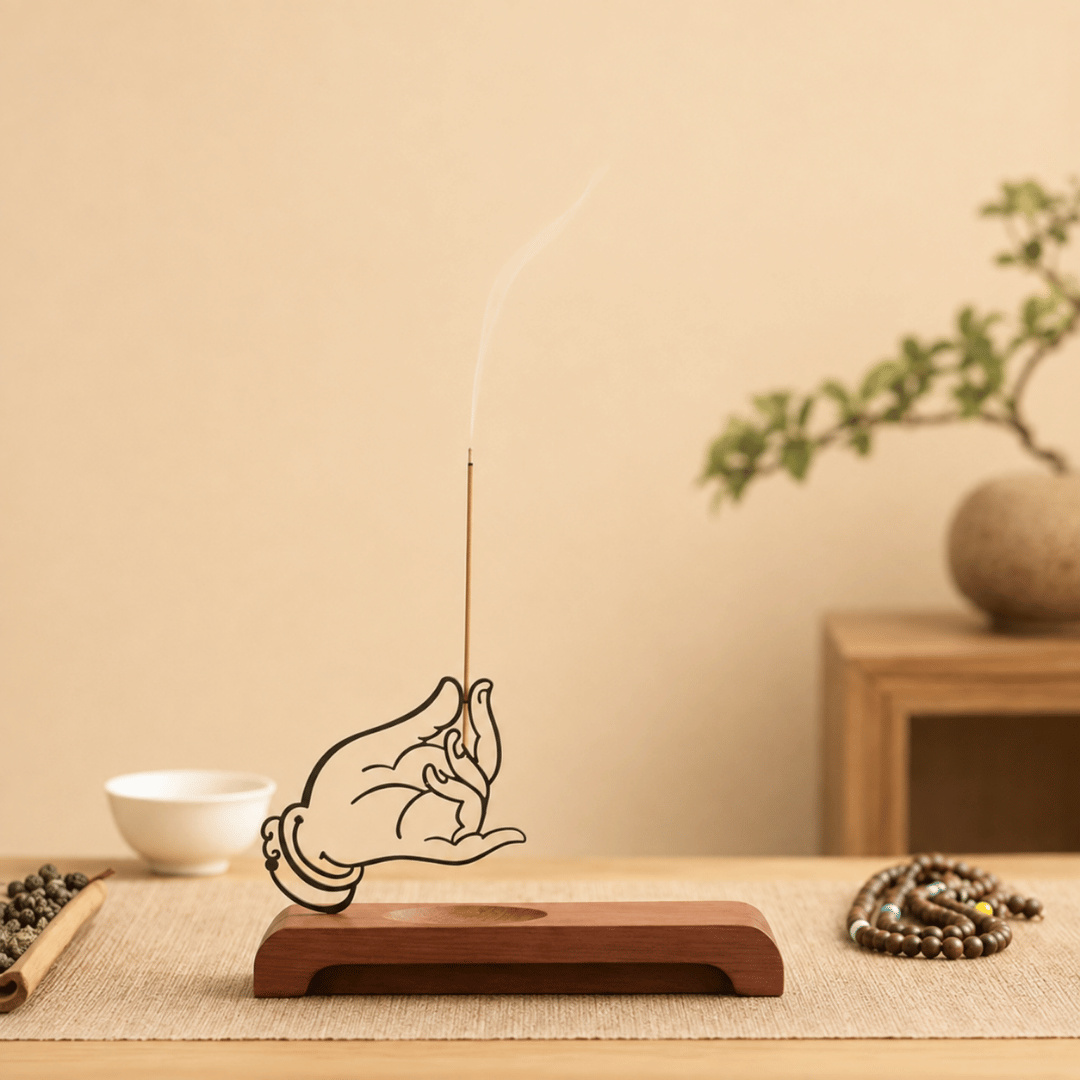 Homero Wooden Base Zen Metal Hand Incense Holder - 16cm
