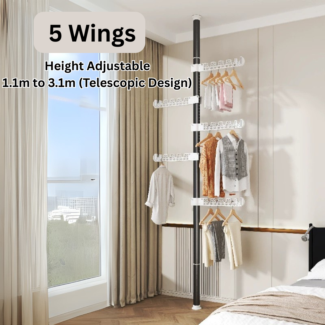 HOMERO Multi-Wing Heavy-Duty Telescopic Clothes Rack - Matte Black 3.1 Meter