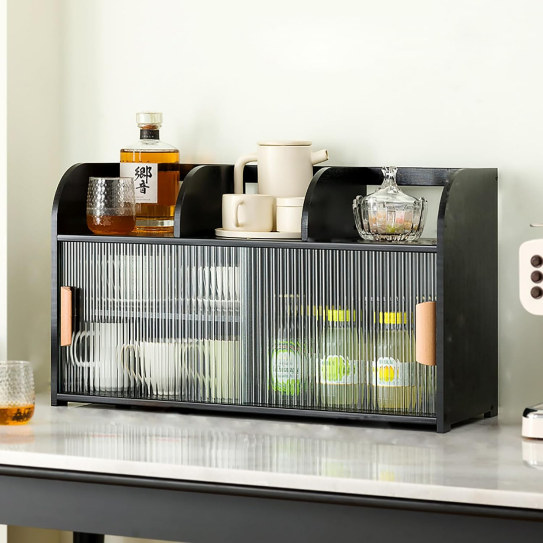 Modern Glass Bamboo Countertop Storage Cabinet with Sliding Doors