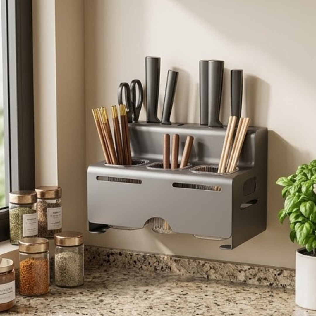 Wall Mounted Kitchen Knife Holder and Chopstick Organizer