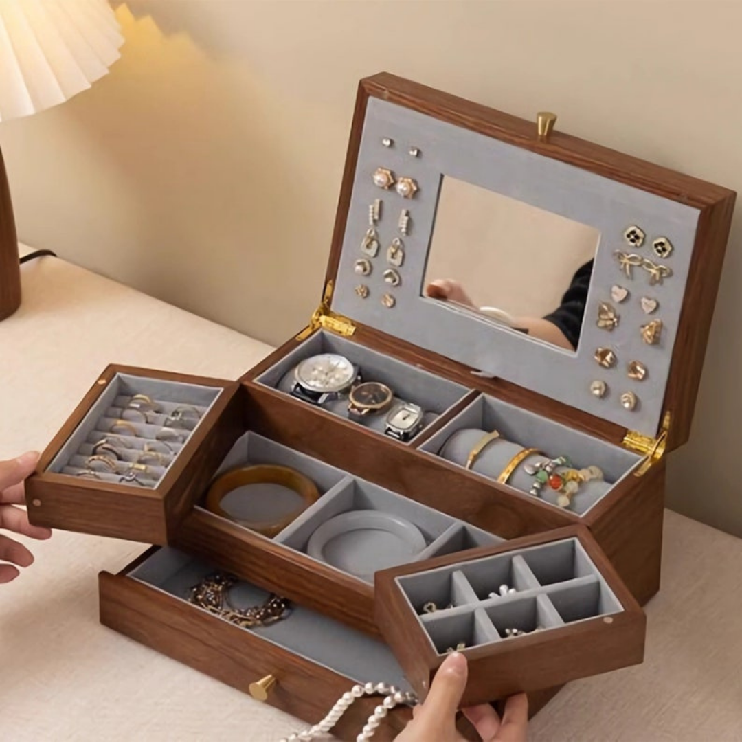 HOMERO 3-Layer Walnut Design Wooden Jewelry Storage Box
