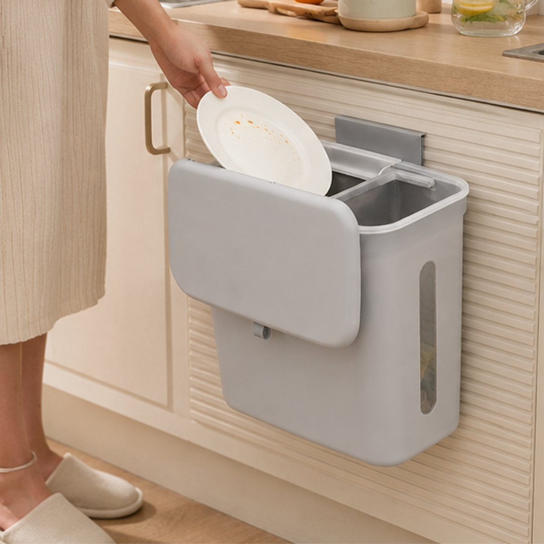 Double Compartment Hanging Kitchen Waste Bin With Lid (9L)