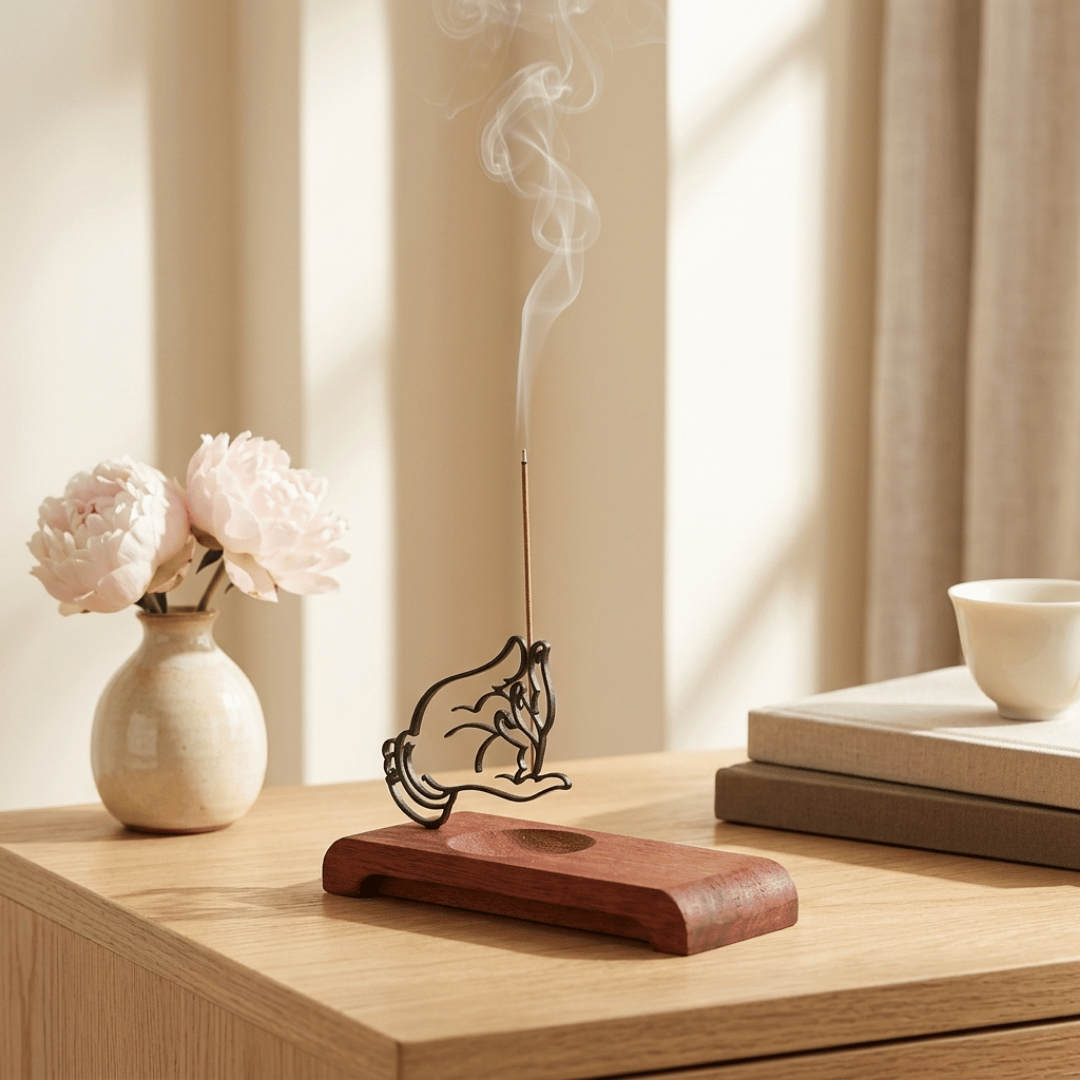 Homero Wooden Base Zen Metal Hand Incense Holder - 16cm