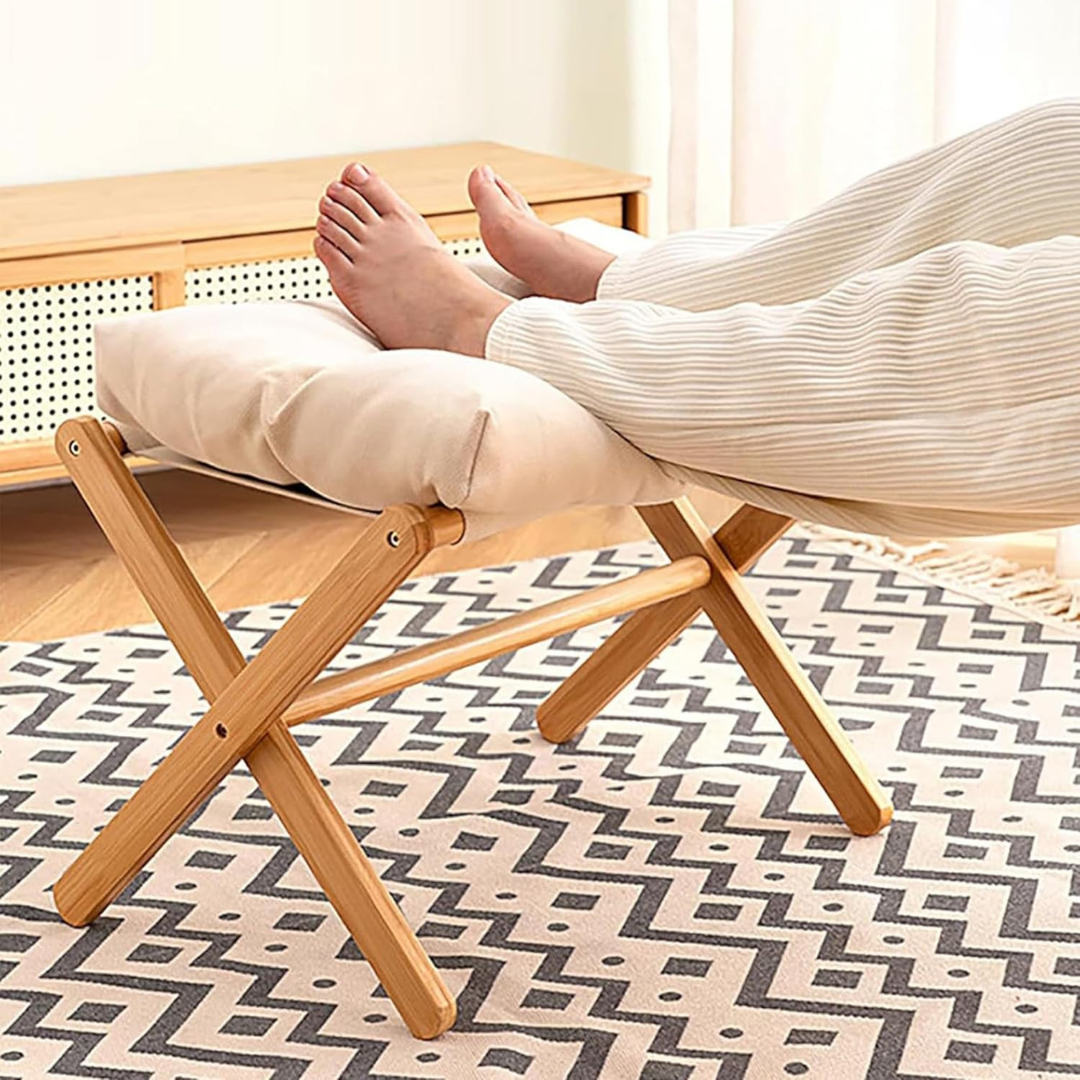 Wooden Bamboo Ottoman Foldable Stool with Removable Cushion