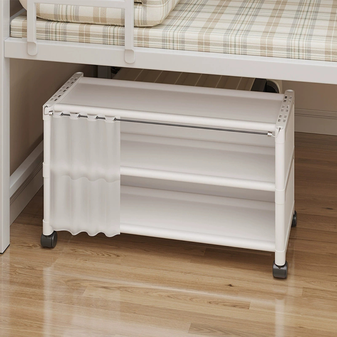 2 Tier Rolling Shoe Rack Organizer with Curtain and Wheels