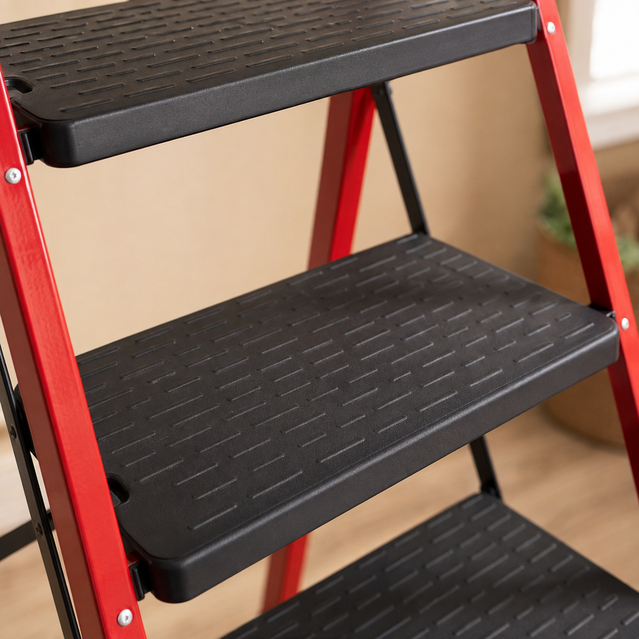 Foldable Carbon Steel Four Step Ladder with Handrail and Tool Tray