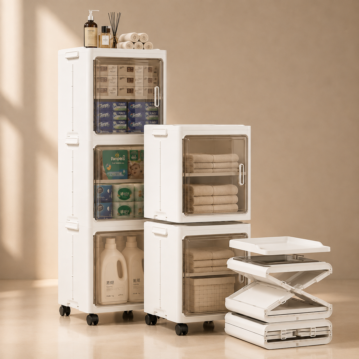 Multipurpose Flexible Storage with Wheels and Removable Dividers