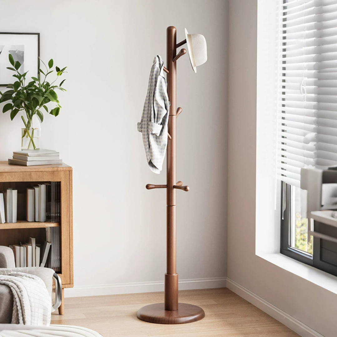 Natural Sheesham Wood Freestanding Coat Rack with Eight Hooks