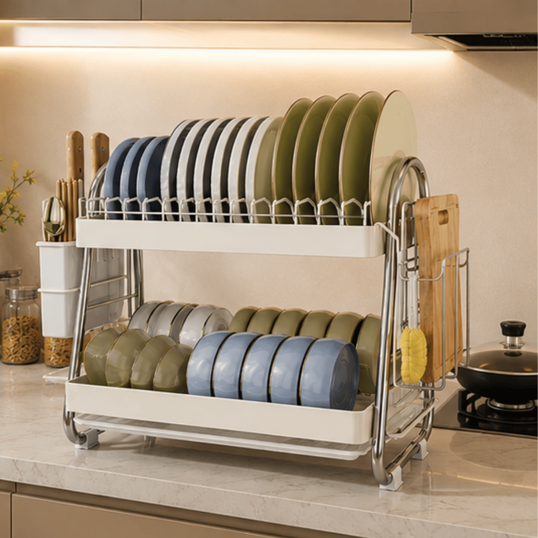 Premium Two Tier Carbon Steel Dish Rack With Cutlery Holder Knife Slots And Drip Tray