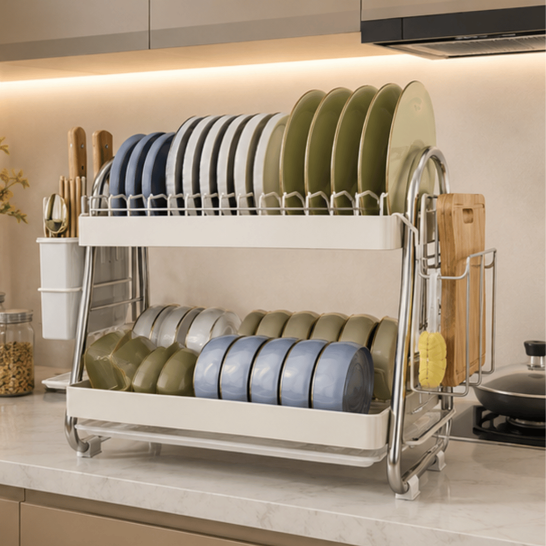 Premium Two Tier Carbon Steel Dish Rack With Cutlery Holder Knife Slots And Drip Tray