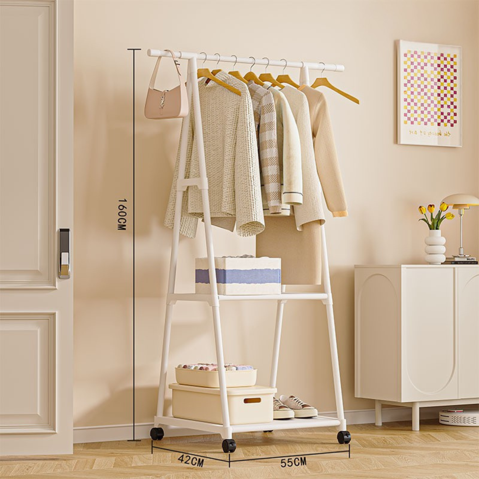 Multi Functional Metal Clothes Rack with Storage Shelves and Wheel