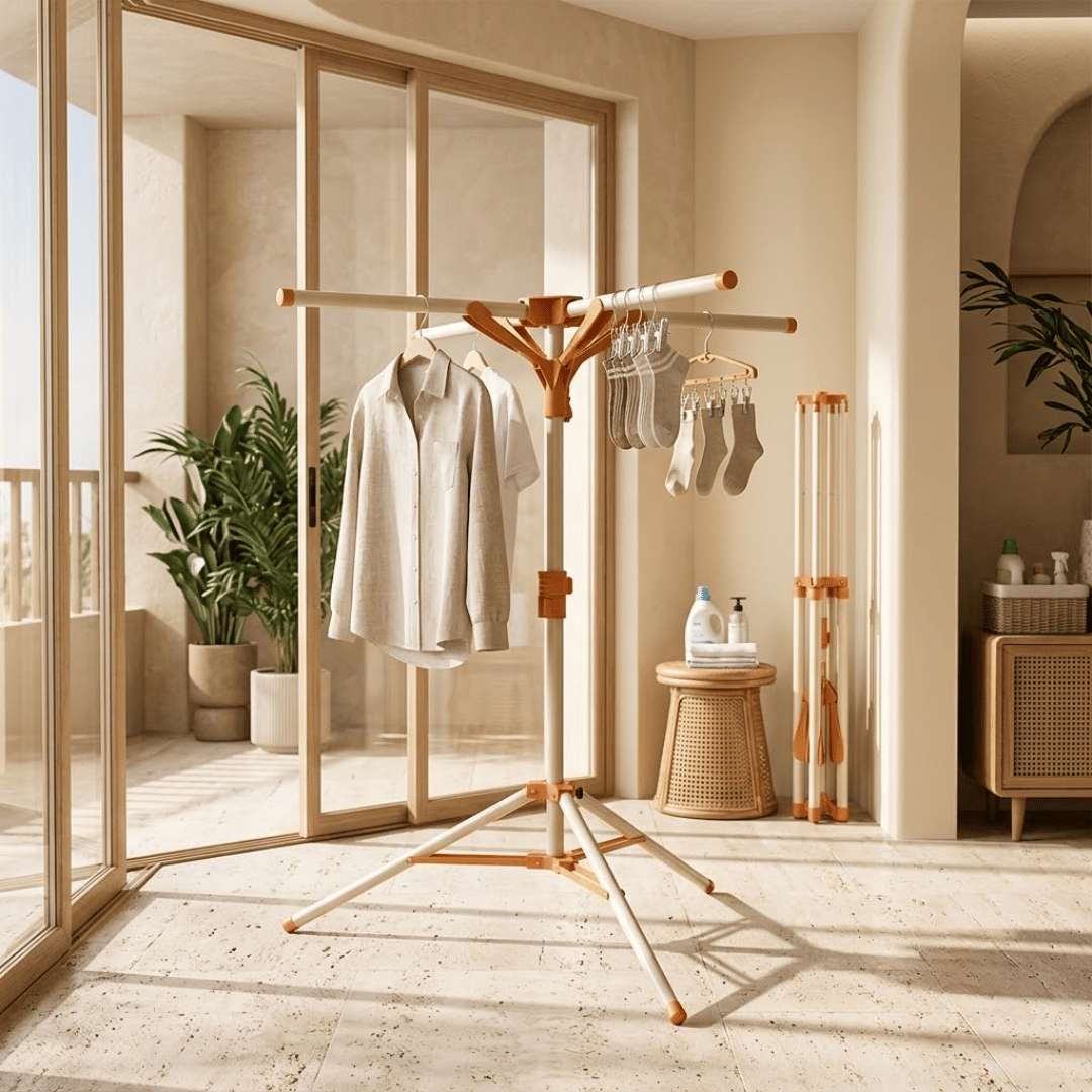 Foldable Tripod Clothes Drying Rack with Rotating Arms and Adjustable Height