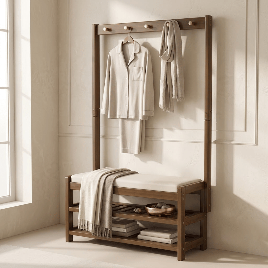 Multi Functional Bamboo Clothes Rack with Shoes Organizer Bench