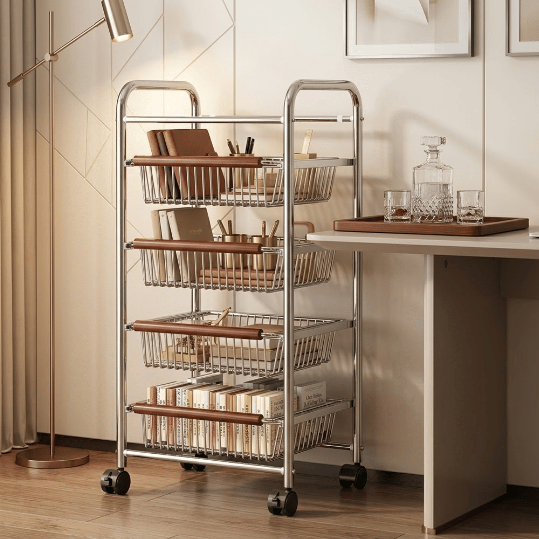 Vintage Multi Layer Storage Trolley with Pull Out Baskets and Detachable Tabletop