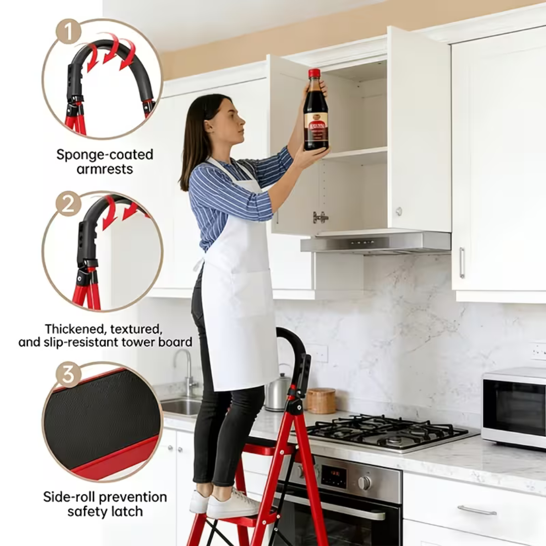 Foldable Carbon Steel Four Step Ladder with Handrail and Tool Tray