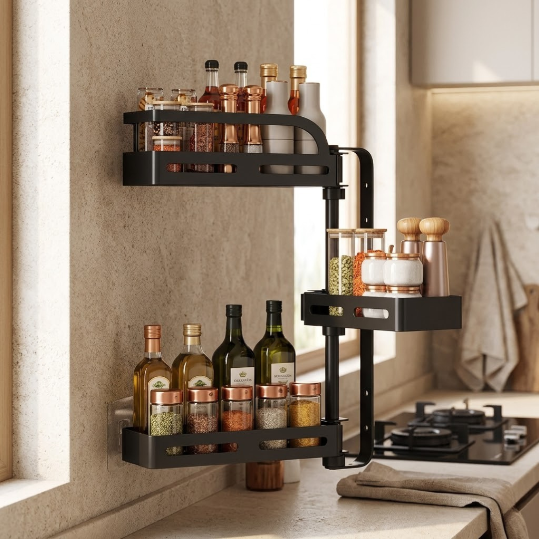 180° Rotating Wall Mounted Shelf Adjustable Corner Spice Rack