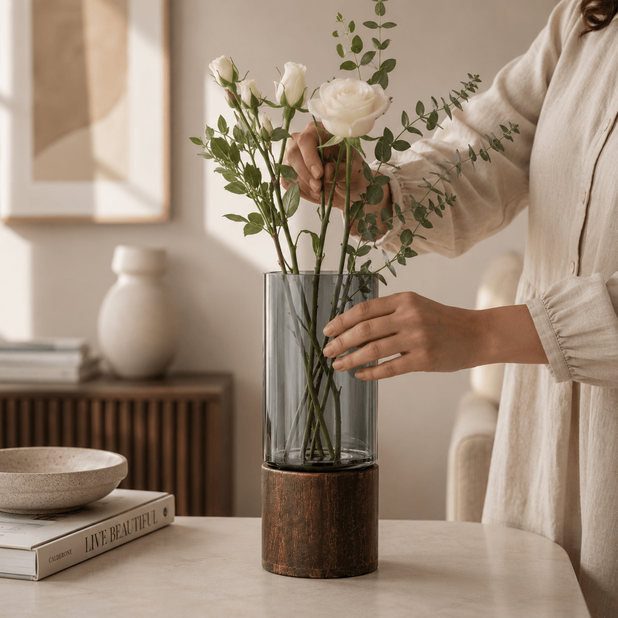 Homero Cylinder Vases with Wooden Base for Home Decor