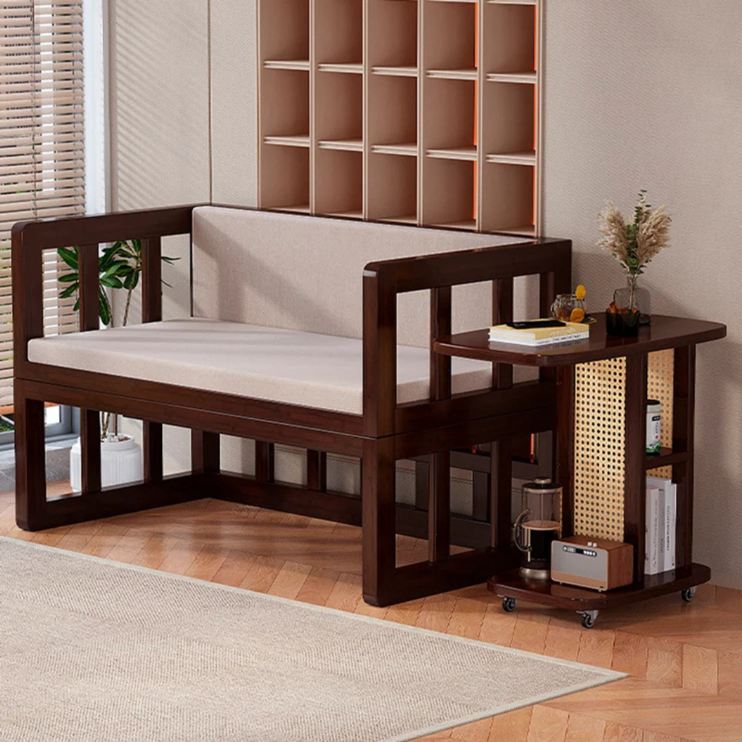 Wooden C Shaped Mobile Sofa Side Table with Woven Resin Storage