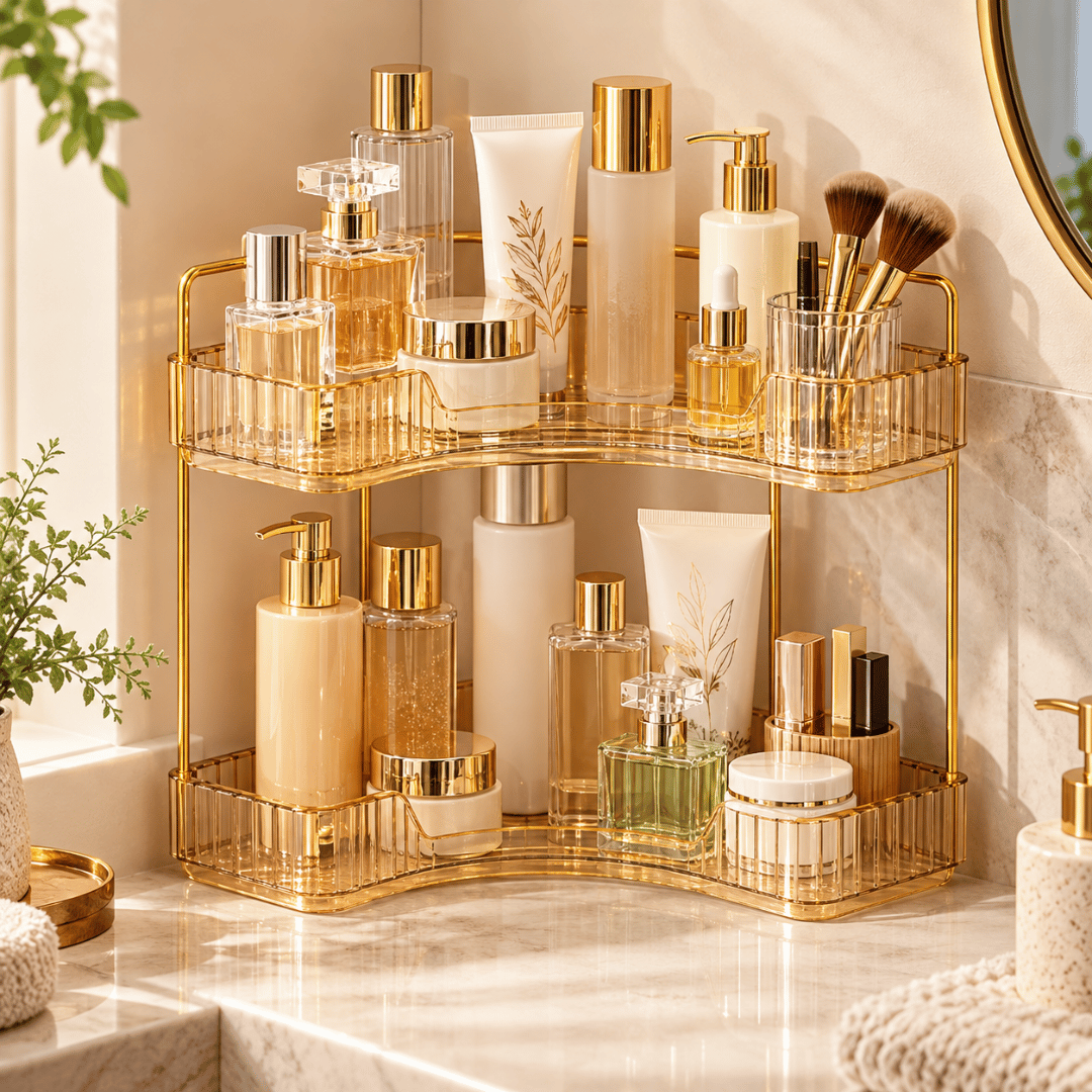 2 Tier Corner Bathroom Counter Organizer with Amber Gold Trays