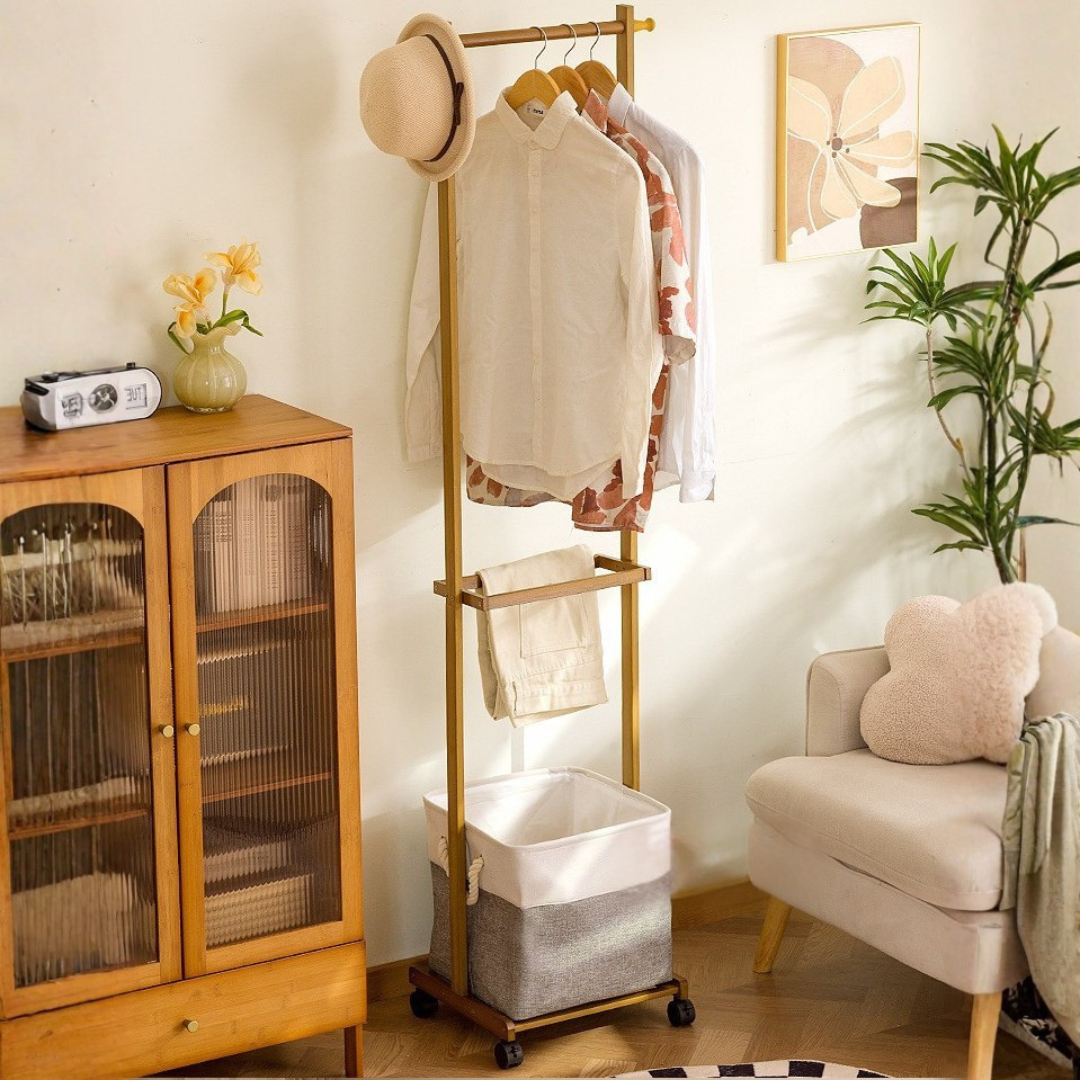 Multi-Purpose Bamboo Garment Stand with Laundry Basket and Hooks