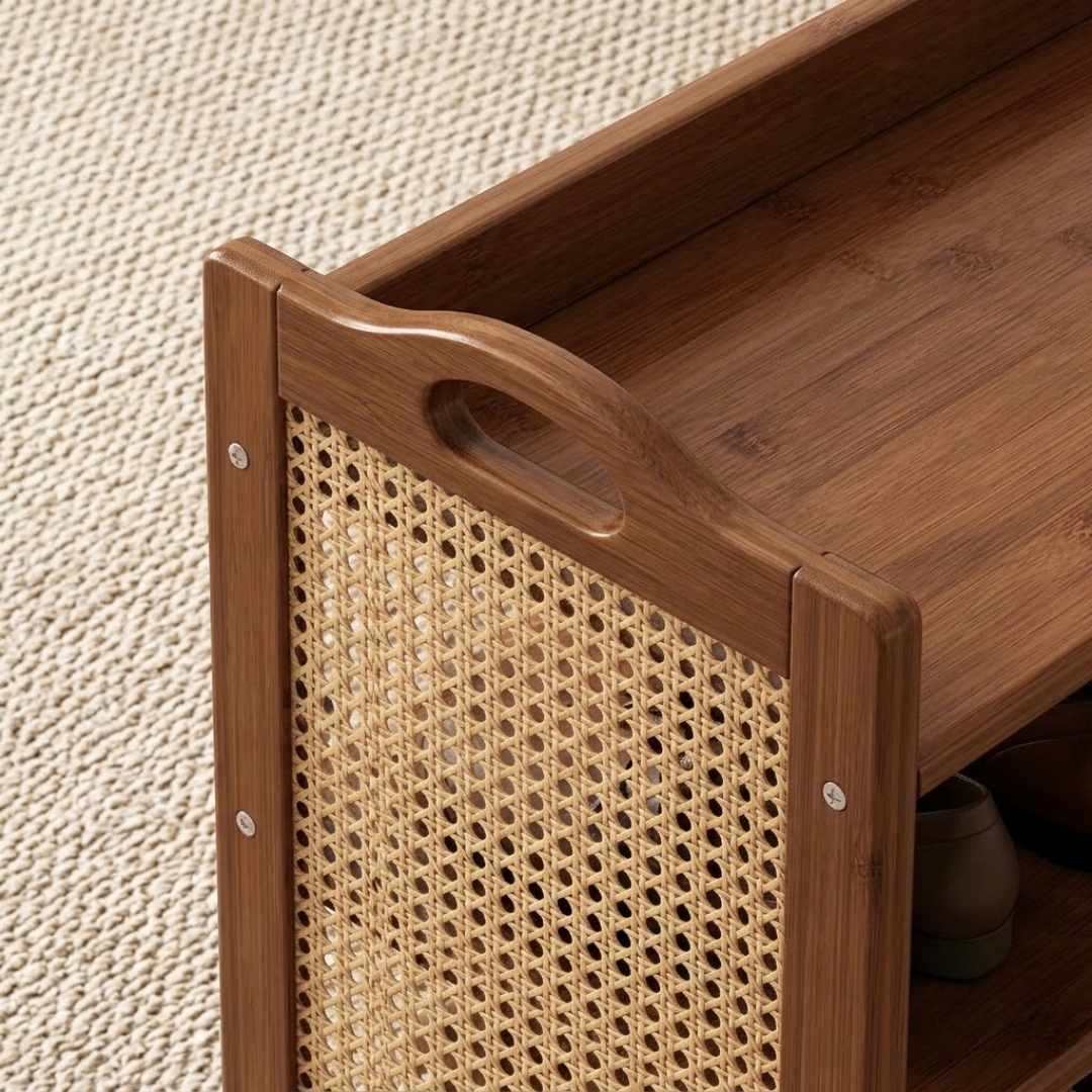 5 Tier Bamboo Shoe Rack with Woven Rattan Panels