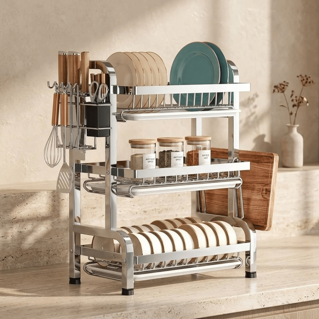 Multifunctional Three Layer Countertop Dish Organizer With Drain Trays