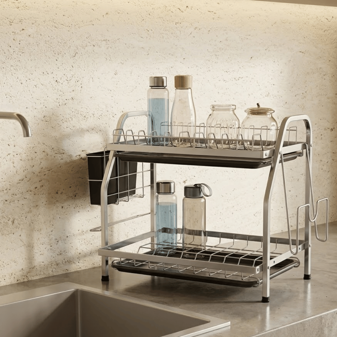 Two Tier Carbon Steel Dish Drainer Rack with Removable Drip Trays