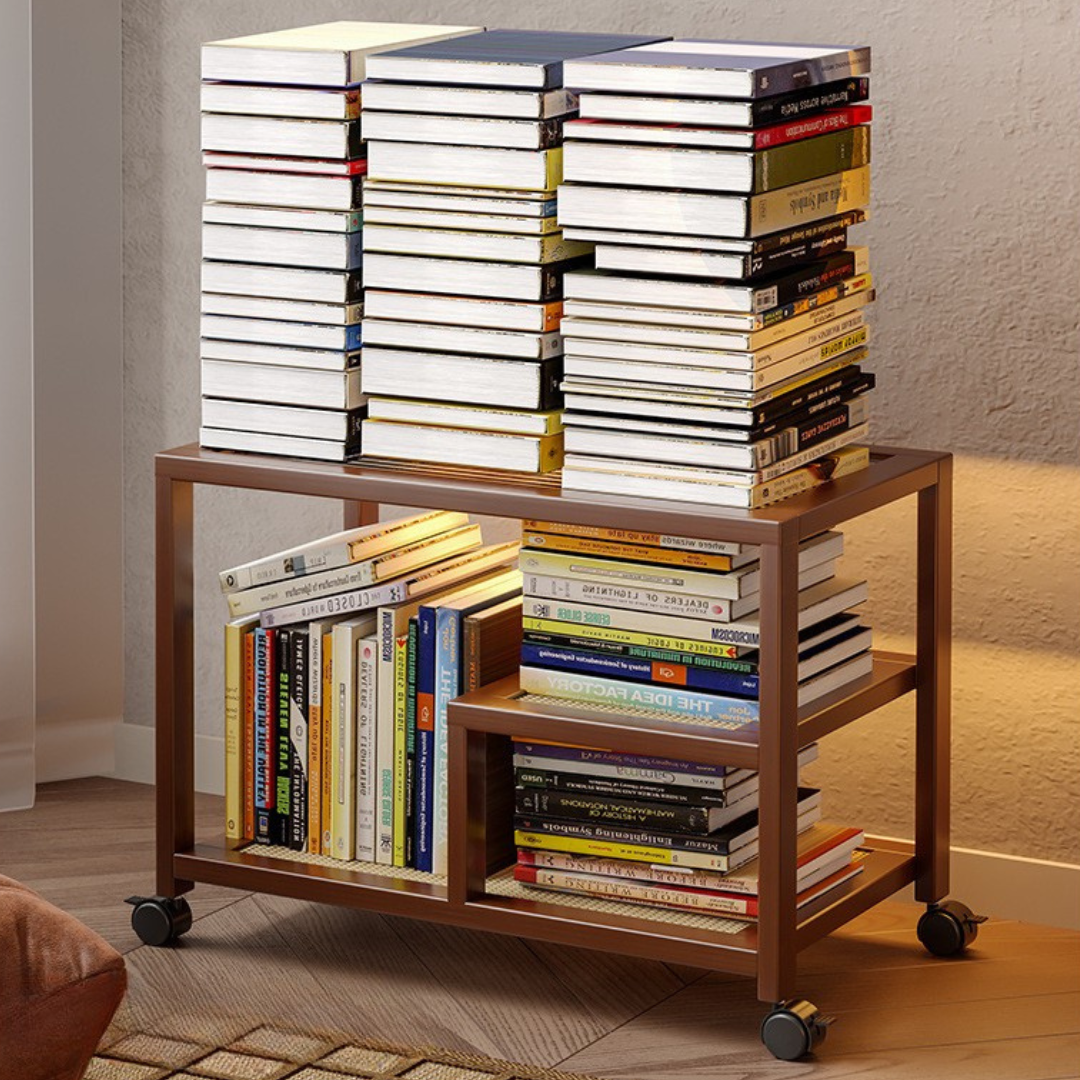 Premium Bamboo Rattan Rolling Side Table with Storage Shelves