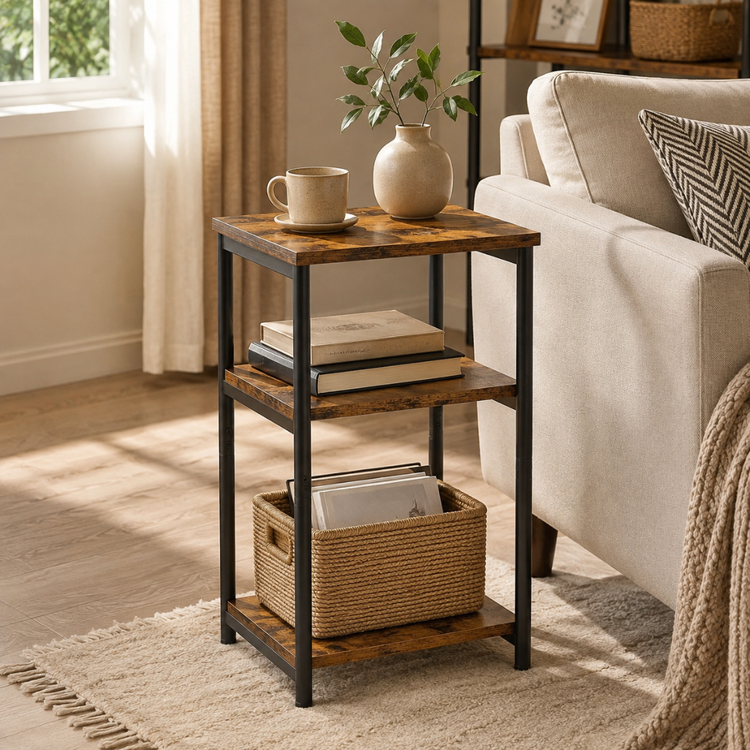 Rustic Brown Three Tier Storage Steel Frame Side Table