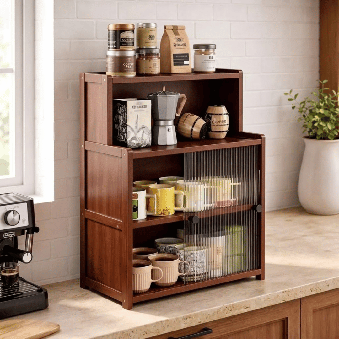 Premium Wooden Countertop Organizer with Open Shelf and Dust Protected Sliding Compartments