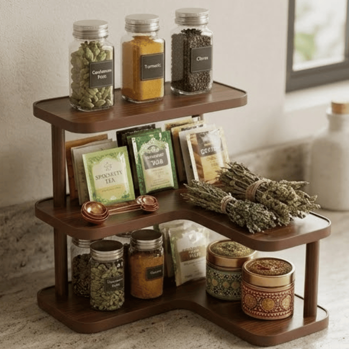 Space Saving Three Tier Stepped Corner Shelf Desktop Organizer