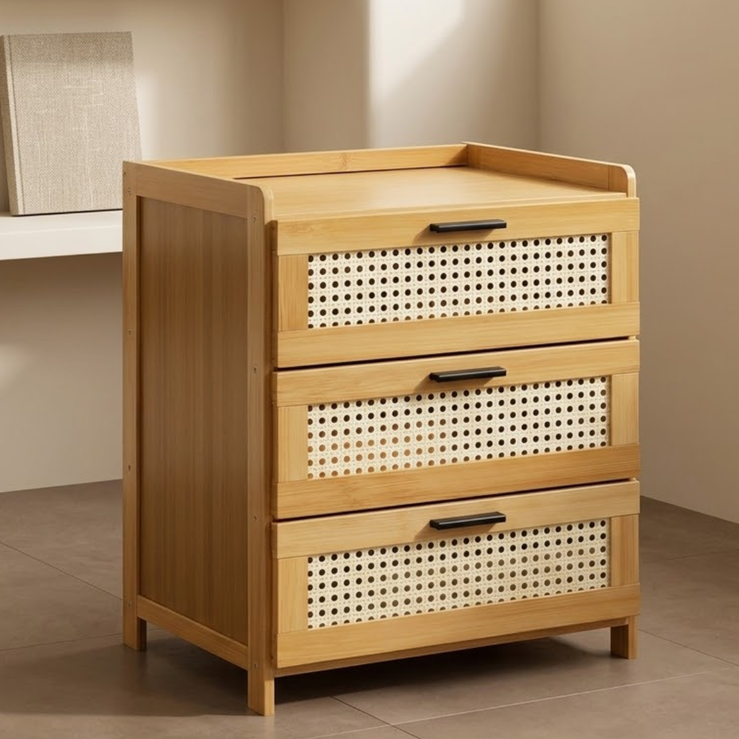 Multipurpose Bamboo Side Table with Three Drawers