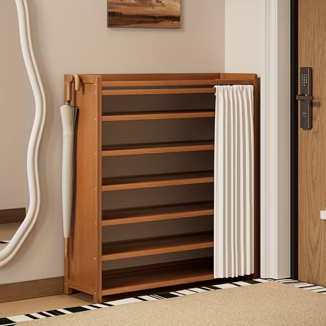 Multi Layer Bamboo Shoe Rack Cabinet with Dustproof Curtain