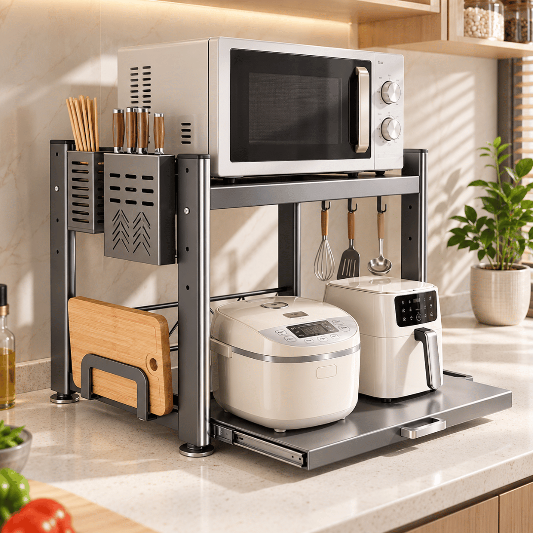 Heavy Duty Two Tier Microwave & Utensils Storage Rack with Adjustable Shelves and Hooks