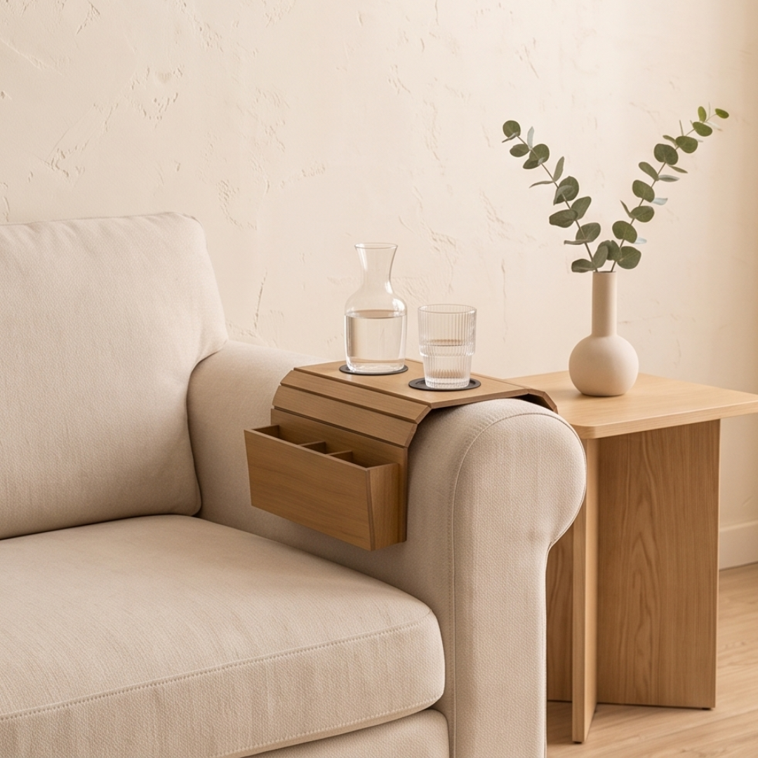 Flexible Wooden Sofa Armrest Tray Table With Dual Cup Holders And Remote Storage